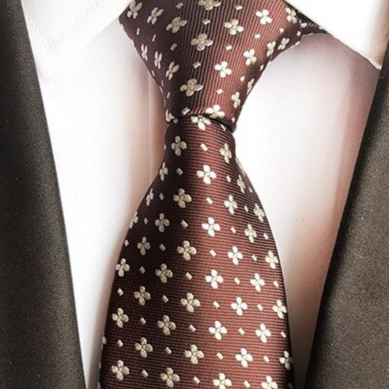 Gravata Marrom Com Flores Amarelas E Bolinhas Brancas